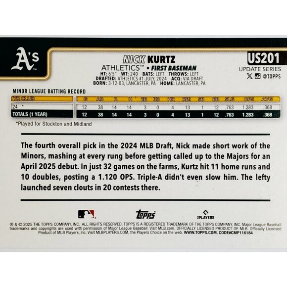 NICK KURTZ ROOKIE HOLIDAY FOIL ORANGE AND BLACK HOLO 2025 TOPPS UPDATE #US201 - Picture 2 of 3